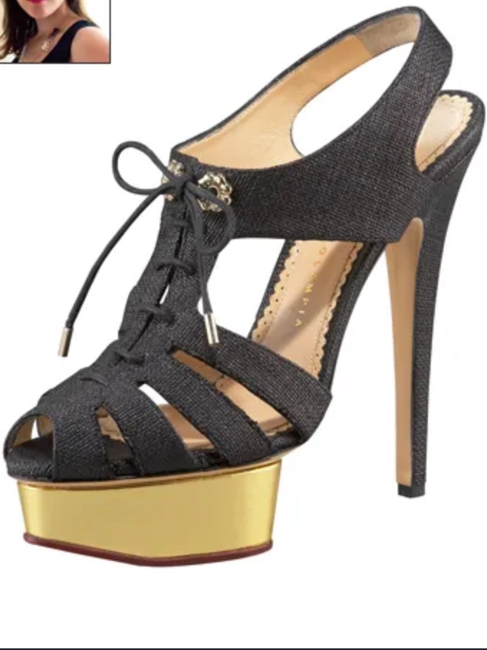Charlotte Olympia Black Canvas Gold Platform Lace-Up Dolly Heels Size EU 38